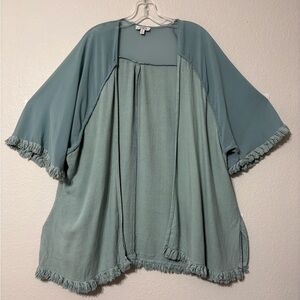 Umgee Seafoam Green Cotton/Linen Kimono Cardigan with Fringe, Sheer Sleeves.